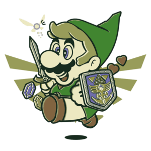 Personagem de videogame inspirado em Link, da série The Legend of Zelda, segurando uma espada e um escudo, acompanhado por uma fada, em um fundo verde.