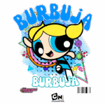 Imagem da personagem Bubbles, da série "As Meninas Super Poderosas", com cabelo loiro e vestido azul, saltando alegremente em um fundo colorido com elementos gráficos vibrantes e o texto "BURBUJA".