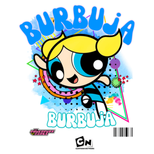 Imagem da personagem Bubbles, da série "As Meninas Super Poderosas", com cabelo loiro e vestido azul, saltando alegremente em um fundo colorido com elementos gráficos vibrantes e o texto "BURBUJA".