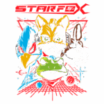Ilustração vibrante do jogo Star Fox, destacando os personagens principais: um falcão, uma raposa, um sapo e um cachorro, junto com elementos espaciais e gráficos coloridos, ideal para fãs de videogames e cultura pop.