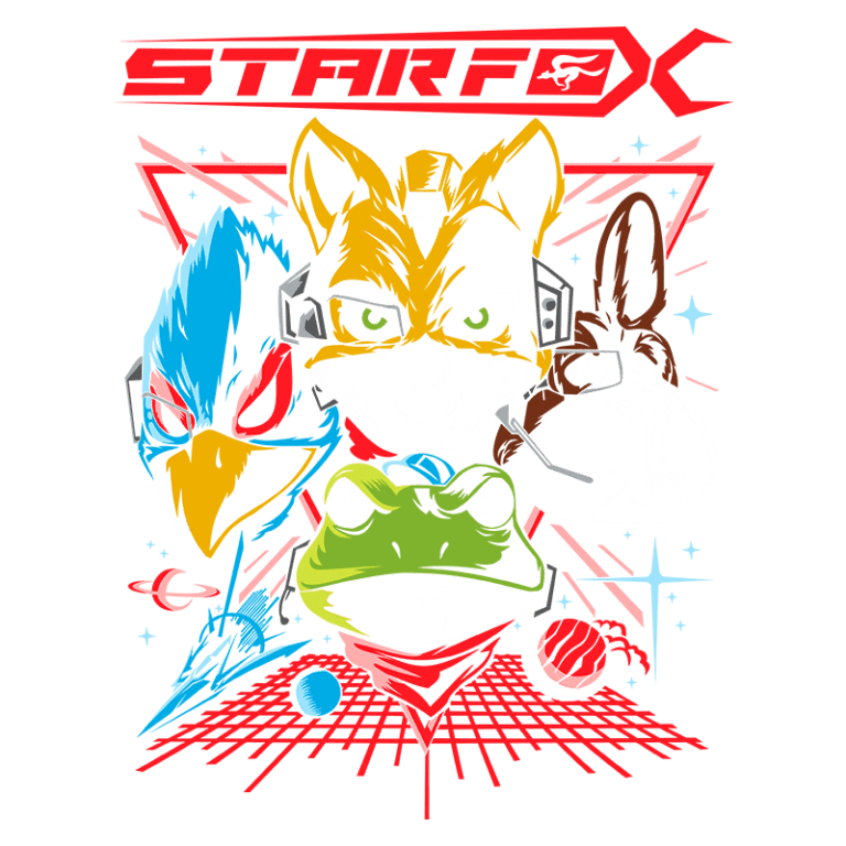 Ilustração vibrante do jogo Star Fox, destacando os personagens principais: um falcão, uma raposa, um sapo e um cachorro, junto com elementos espaciais e gráficos coloridos, ideal para fãs de videogames e cultura pop.