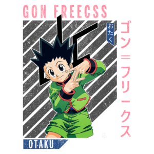 Imagem do personagem Gon Freecss, protagonista do anime Hunter x Hunter, fazendo um gesto com as mãos. Ele está vestido com um uniforme verde e possui cabelo preto espetado. O fundo apresenta elementos gráficos em estilo anime, com texto em japonês e a palavra "OTAKU".
