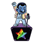 Estátua estilizada de cantor famoso segurando um microfone, com um punho levantado em sinal de empoderamento, sobre uma base com um logotipo colorido em formato de estrela. Ideal para temas de música e cultura pop.