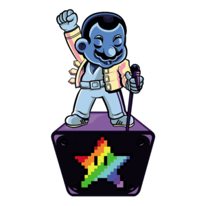 Estátua estilizada de cantor famoso segurando um microfone, com um punho levantado em sinal de empoderamento, sobre uma base com um logotipo colorido em formato de estrela. Ideal para temas de música e cultura pop.