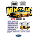 Imagem do Ford Mustang GT da sexta geração, destacando seu design esportivo e características de desempenho. O carro é apresentado em uma cor amarela vibrante, acompanhado por ilustrações que mostram diferentes ângulos do veículo. O texto descreve as especificações e a experiência de condução oferecida pelo Mustang GT.