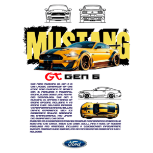 Imagem do Ford Mustang GT da sexta geração, destacando seu design esportivo e características de desempenho. O carro é apresentado em uma cor amarela vibrante, acompanhado por ilustrações que mostram diferentes ângulos do veículo. O texto descreve as especificações e a experiência de condução oferecida pelo Mustang GT.