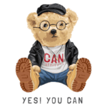 Urso estilizado usando óculos e uma jaqueta preta, vestido com uma camiseta que diz "CAN ATTITUDE", sentado com uma expressão confiante. Texto abaixo da imagem: "YES! YOU CAN". Ideal para representar confiança e atitude positiva.