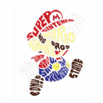 Imagem composta por palavras-chave relacionadas ao personagem Mario da Nintendo, incluindo termos como "plumber", "game over", "jump", "stage" e "princess", formando a silhueta do icônico personagem. Ideal para fãs de jogos clássicos e cultura geek.