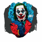 Ilustração colorida do personagem Joker, com maquiagem de palhaço e cabelos verdes, destacando seu rosto e uma silhueta de fundo com outros personagens e elementos da história. O design é vibrante e expressa a temática do filme "Coringa".