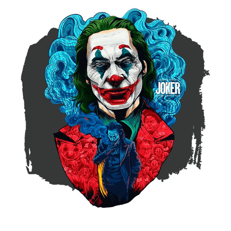Ilustração colorida do personagem Joker, com maquiagem de palhaço e cabelos verdes, destacando seu rosto e uma silhueta de fundo com outros personagens e elementos da história. O design é vibrante e expressa a temática do filme "Coringa".