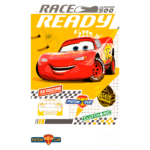 Imagem do carro de corrida Relâmpago McQueen na temática do Piston Cup, destacando o texto "READY" devido à corrida Florida 500. Inclui logotipos de patrocinadores como Re-Volting e Clutch Aid.