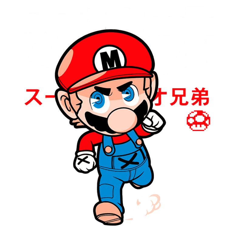 Personagem Mario correndo, vestindo seu famoso boné vermelho e macacão azul, com expressão determinada. O fundo apresenta texto em japonês, destacando seu nome e um cogumelo, símbolo da franquia. Ideal para conteúdos sobre jogos e cultura pop.