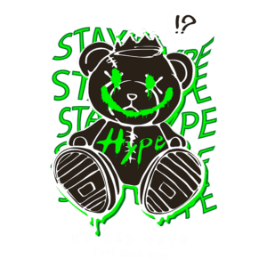 Urso estilizado com uma coroa, sorriso manchado e grafite verde, acompanhado da frase "No Bad Days" e o termo "Hype". Design urbano e divertido, ideal para moda jovem.