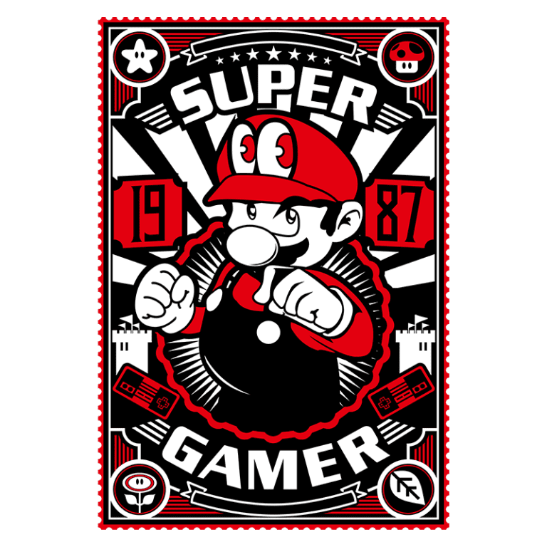 Imagem de um personagem icônico de videogame, com um design em preto, vermelho e branco, destacando a frase "SUPER GAMER" e as datas "1987". O personagem, vestido com um macacão e boné vermelho, está em uma pose de ação, simbolizando a cultura gamer.