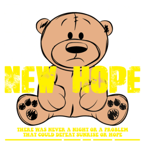 Urso de pelúcia com expressão triste, cercado por texto em destaque que diz "NEW HOPE" repetidamente, acompanhado de uma citação inspiradora sobre superação e esperança. Ideal para transmitir conforto e encorajamento.