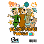 Imagem colorida dos personagens da série "El Oso Yogui" dos anos 90, incluindo Yogui, o urso, e seus amigos, em fundo grafitado. Logotipo do Cartoon Network na parte inferior. Ideal para fãs de animação e nostalgia dos anos 90.