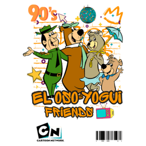 Imagem colorida dos personagens da série "El Oso Yogui" dos anos 90, incluindo Yogui, o urso, e seus amigos, em fundo grafitado. Logotipo do Cartoon Network na parte inferior. Ideal para fãs de animação e nostalgia dos anos 90.