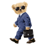 Ursinho de pelúcia vestido de terno e gravata, usando óculos escuros e carregando uma maleta, caminhando com confiança. Ideal para representações de negócios ou estilo profissional.