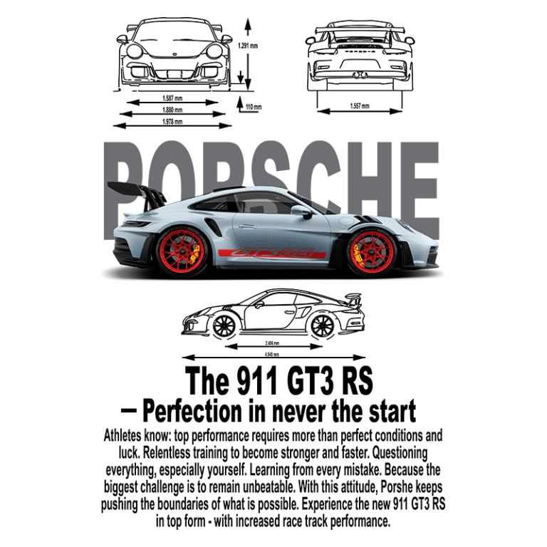 Porsche 911 GT3 RS em destaque, apresentando design aerodinâmico e rodas vermelhas. Informações sobre desempenho e treinamento de atletas, ressaltando a busca pela perfeição e performance em pistas de corrida.
