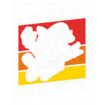 Ilustração do personagem icônico de videogame, Mario, com uma estética retro dos anos 80, acompanhado do texto "MADE IN THE 80'S" em cores vibrantes.