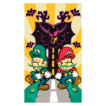 Ilustração colorida de Mario e Luigi em um cenário divertido, com os dois personagens icônicos em poses caricaturais. Ao fundo, uma criatura sombria, provável antagonista, observa, enquanto morcegos e um caminho destacam o ambiente. Ideal para fãs de jogos e cultura pop.