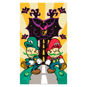 Ilustração colorida de Mario e Luigi em um cenário divertido, com os dois personagens icônicos em poses caricaturais. Ao fundo, uma criatura sombria, provável antagonista, observa, enquanto morcegos e um caminho destacam o ambiente. Ideal para fãs de jogos e cultura pop.