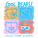 Imagem colorida com quatro ilustrações de ursos estilizados, cada um expressando uma emoção diferente. O texto "Cool Bears!" está no topo, e "Collect Funny Moments" na parte inferior, destacando a temática divertida e colecionável. Ideal para promover produtos ou conteúdo relacionado a ursos e momentos engraçados.