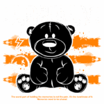 Ilustração de um urso de pelúcia preto com um fundo laranja, destacando a palavra "LONELY". O design apresenta elementos gráficos como raios, diamantes e rostos tristes, refletindo temas de solidão e memórias. Ideal para moda streetwear e expressões artísticas.