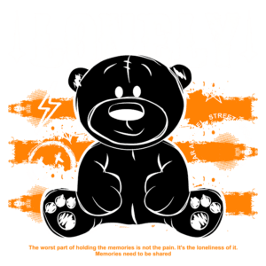 Ilustração de um urso de pelúcia preto com um fundo laranja, destacando a palavra "LONELY". O design apresenta elementos gráficos como raios, diamantes e rostos tristes, refletindo temas de solidão e memórias. Ideal para moda streetwear e expressões artísticas.