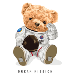 Urso de pelúcia vestido de astronauta, sentado e acenando, com emblemas da NASA e a frase "DREAM MISSION" abaixo. Ilustração colorida e divertida, ideal para temas relacionados a exploração espacial e infância.