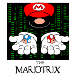 Imagem de Mario, personagem icônico dos videogames, com um fundo em estilo Matrix, segurando cogumelos azuis e vermelhos em suas mãos. O título "THE MARIOTRIX" aparece embaixo, misturando elementos da cultura pop com um design digital inovador.