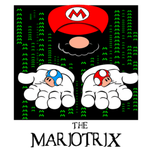 Imagem de Mario, personagem icônico dos videogames, com um fundo em estilo Matrix, segurando cogumelos azuis e vermelhos em suas mãos. O título "THE MARIOTRIX" aparece embaixo, misturando elementos da cultura pop com um design digital inovador.