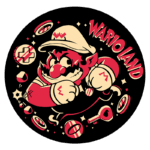 Imagem do personagem Wario em estilo artístico, com fundo preto e elementos de jogo como moedas e chaves, representando o universo de Wario Land.