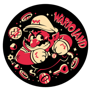 Imagem do personagem Wario em estilo artístico, com fundo preto e elementos de jogo como moedas e chaves, representando o universo de Wario Land.