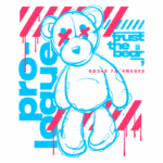 Desenho de um ursinho estilizado com olhos em forma de X, acompanhado de elementos gráficos em azul e rosa. O texto "trust the bear" e a referência "SD345 74+VB0002" complementam a arte, que incorpora um estilo urbano e contemporâneo.