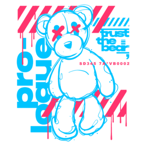 Desenho de um ursinho estilizado com olhos em forma de X, acompanhado de elementos gráficos em azul e rosa. O texto "trust the bear" e a referência "SD345 74+VB0002" complementam a arte, que incorpora um estilo urbano e contemporâneo.