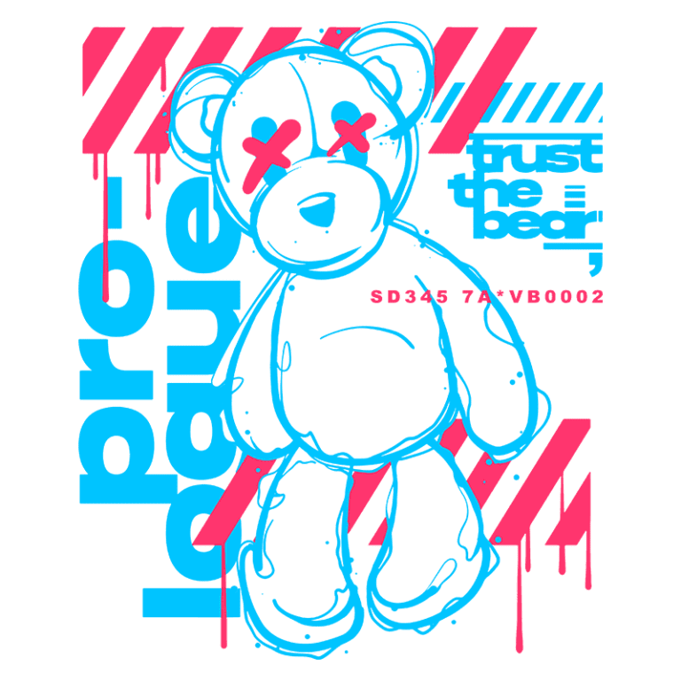 Desenho de um ursinho estilizado com olhos em forma de X, acompanhado de elementos gráficos em azul e rosa. O texto "trust the bear" e a referência "SD345 74+VB0002" complementam a arte, que incorpora um estilo urbano e contemporâneo.