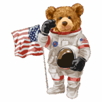 Ursinho astronauta segurando uma bandeira dos Estados Unidos, vestido com um traje espacial, fazendo saudação. Ideal para temas de exploração espacial e personagens infantis.