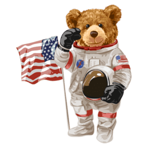 Ursinho astronauta segurando uma bandeira dos Estados Unidos, vestido com um traje espacial, fazendo saudação. Ideal para temas de exploração espacial e personagens infantis.