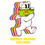 Urso estilizado correndo com um rádio retrô colorido, cercado por faixas de arco-íris, com a frase "ZERO FUNK GIVEN" em destaque. Ideal para temas de música e cultura pop.