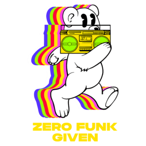 Urso estilizado correndo com um rádio retrô colorido, cercado por faixas de arco-íris, com a frase "ZERO FUNK GIVEN" em destaque. Ideal para temas de música e cultura pop.