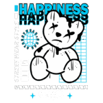 Ilustração de um ursinho de pelúcia estilizado com traços de arte urbana, apresentando a palavra "HAPPINESS" em destaque. O design inclui elementos gráficos como um globo e referências ao estilo streetwear de 2022.