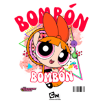 Personagem Bombón das Meninas Superpoderosas, com cabelo laranja e vestindo um vestido rosa, sorrindo em um fundo colorido com elementos gráficos, como estrelas e formas geométricas.