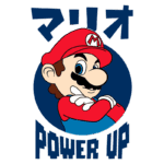 Personagem Mario em pose confiante com fundo azul, acompanhado do texto "POWER UP" em destaque e kanji japonês. Ideal para temas de jogos e cultura pop.