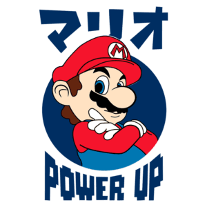 Personagem Mario em pose confiante com fundo azul, acompanhado do texto "POWER UP" em destaque e kanji japonês. Ideal para temas de jogos e cultura pop.