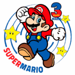 Imagem do personagem Mario, icônico do jogo Super Mario Bros, saltando com um sorriso, vestindo macacão azul e chapéu vermelho, ao lado de estrelas e o número 3, representando Super Mario 3.