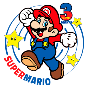 Imagem do personagem Mario, icônico do jogo Super Mario Bros, saltando com um sorriso, vestindo macacão azul e chapéu vermelho, ao lado de estrelas e o número 3, representando Super Mario 3.