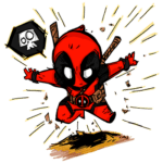 Personagem de quadrinhos Deadpool em estilo cartoon, pulando com uma expressão animada, segurando um símbolo de caveira. O fundo apresenta explosões e fragmentos, destacando sua natureza divertida e enérgica.