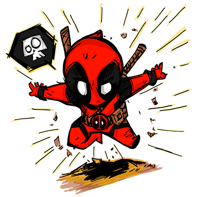 Personagem de quadrinhos Deadpool em estilo cartoon, pulando com uma expressão animada, segurando um símbolo de caveira. O fundo apresenta explosões e fragmentos, destacando sua natureza divertida e enérgica.
