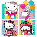Ilustração colorida da personagem Hello Kitty em quatro poses diferentes: dançando em uma saia rosa, segurando balões coloridos, vestindo um vestido rosa e segurando uma câmera, com fundo brilhante e vibrante.